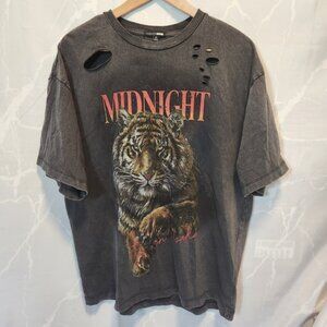 Fashion Nova Midnight In Osaka Tee Ladies XS Gray Tiger Distressed Drop Shoulder